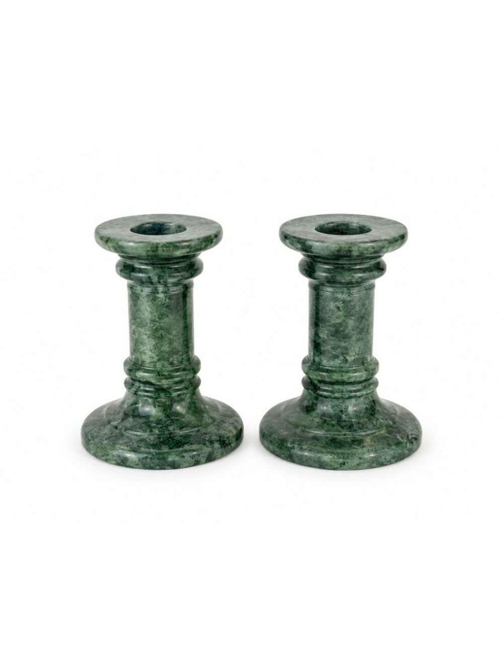 Candlestick Holders Pair Green Marble Polished-Stone 5” Classical Columns Vintag
